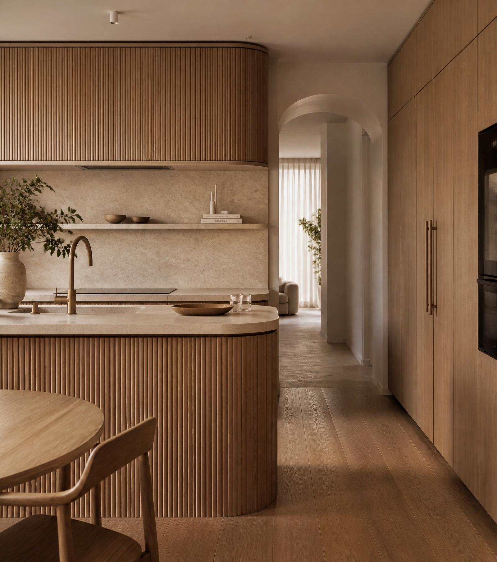 Bespoke fluted oak kitchen with travertine bench designed by BD Interiors